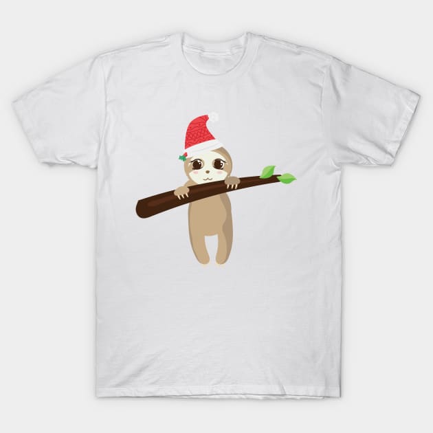 Adorable Sloth & Christmas Hat T-Shirt by Royal7Arts